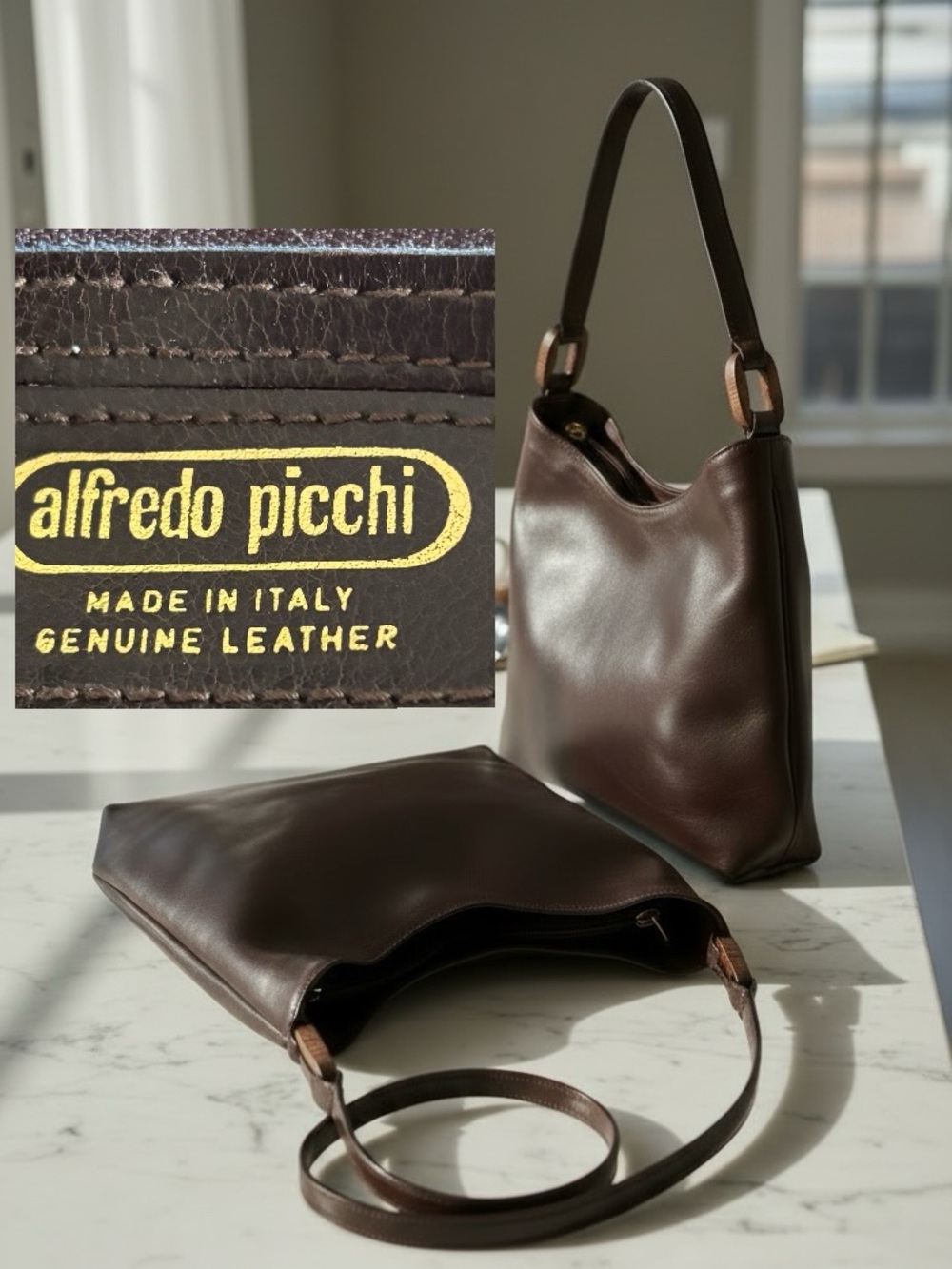 Vintage ALFREDO PICCHI Genuine Cowhide Leather Hobo Shoulder Bag Cotton Lining